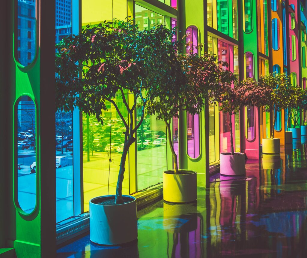 Trees in a colorful office building.