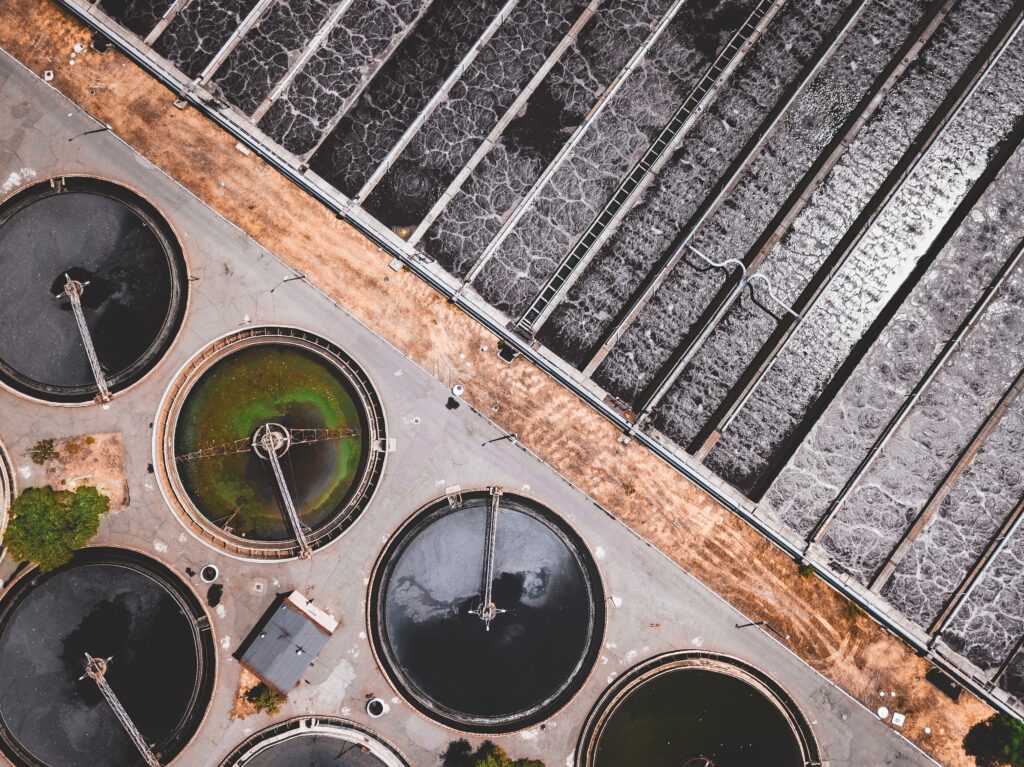 Electrical wastewater treatment plan arial view. 